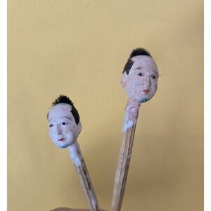 Antique Japanese Hina/ Kimekomi Doll Heads Set Of 2 With Real Hair Glass Eyes